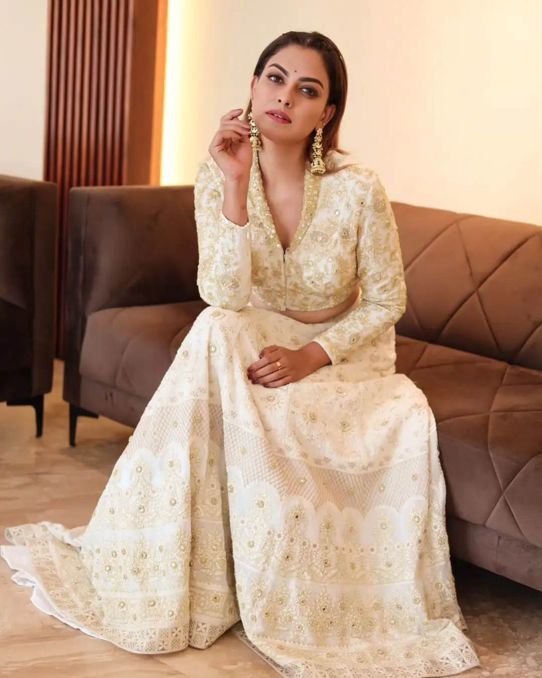 Anusree Nair Wearing Beautiful Earrings Jewellery White Lehenga Choli